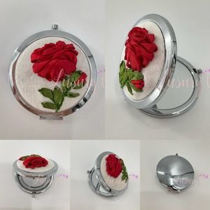 Rose Ribbon Embroidery Compact Mirror, Birthday Gift, Off-white